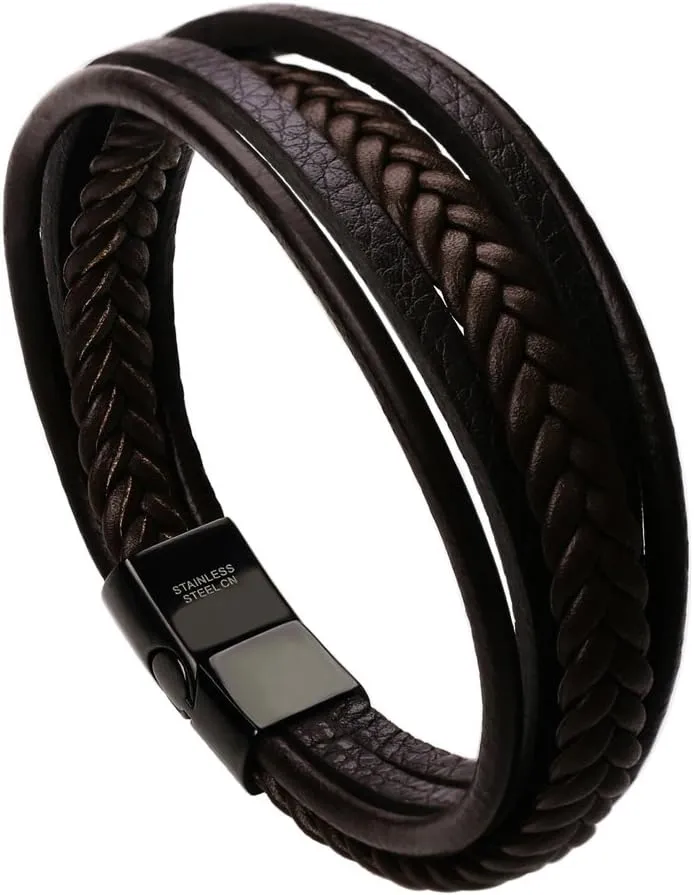 murtoo Mens Leather Bracelet with Clasp Cowhide Multi-Layer Braided Leather Mens Bracelet
