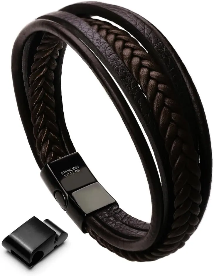 murtoo Mens Leather Bracelet with Clasp Cowhide Multi-Layer Braided Leather Mens Bracelet
