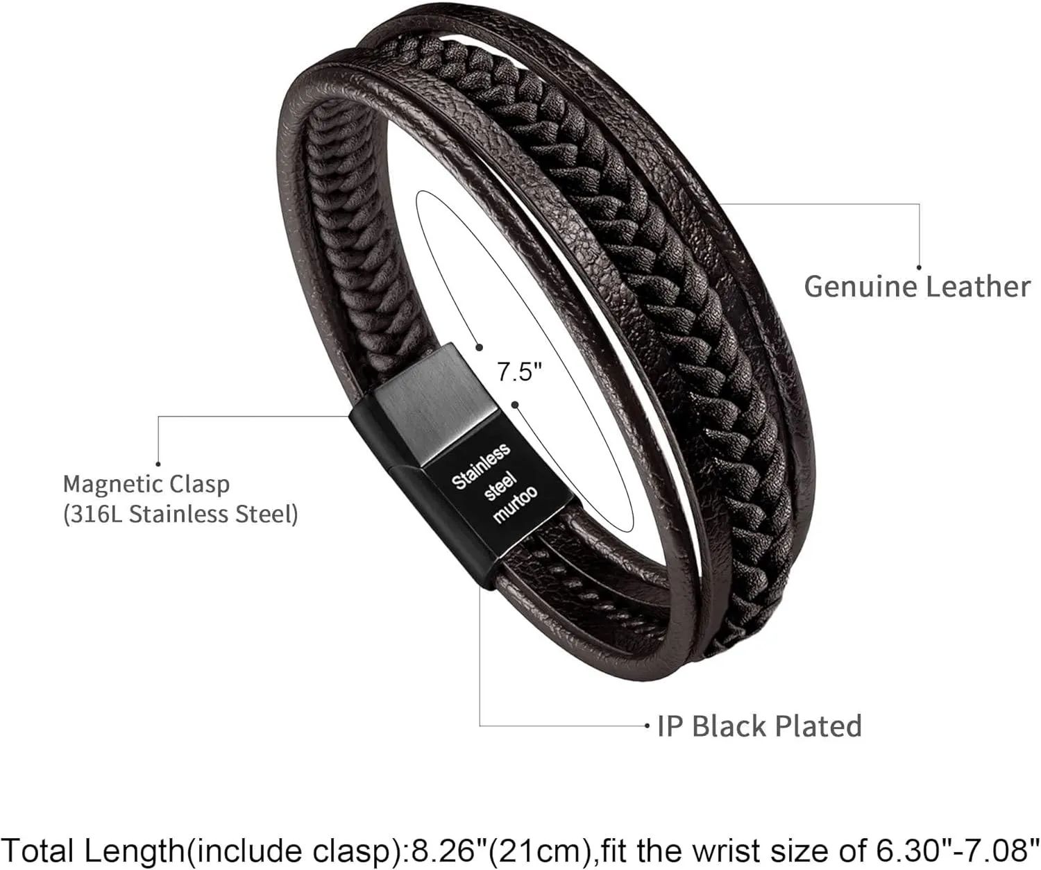 murtoo Mens Leather Bracelet with Clasp Cowhide Multi-Layer Braided Leather Mens Bracelet