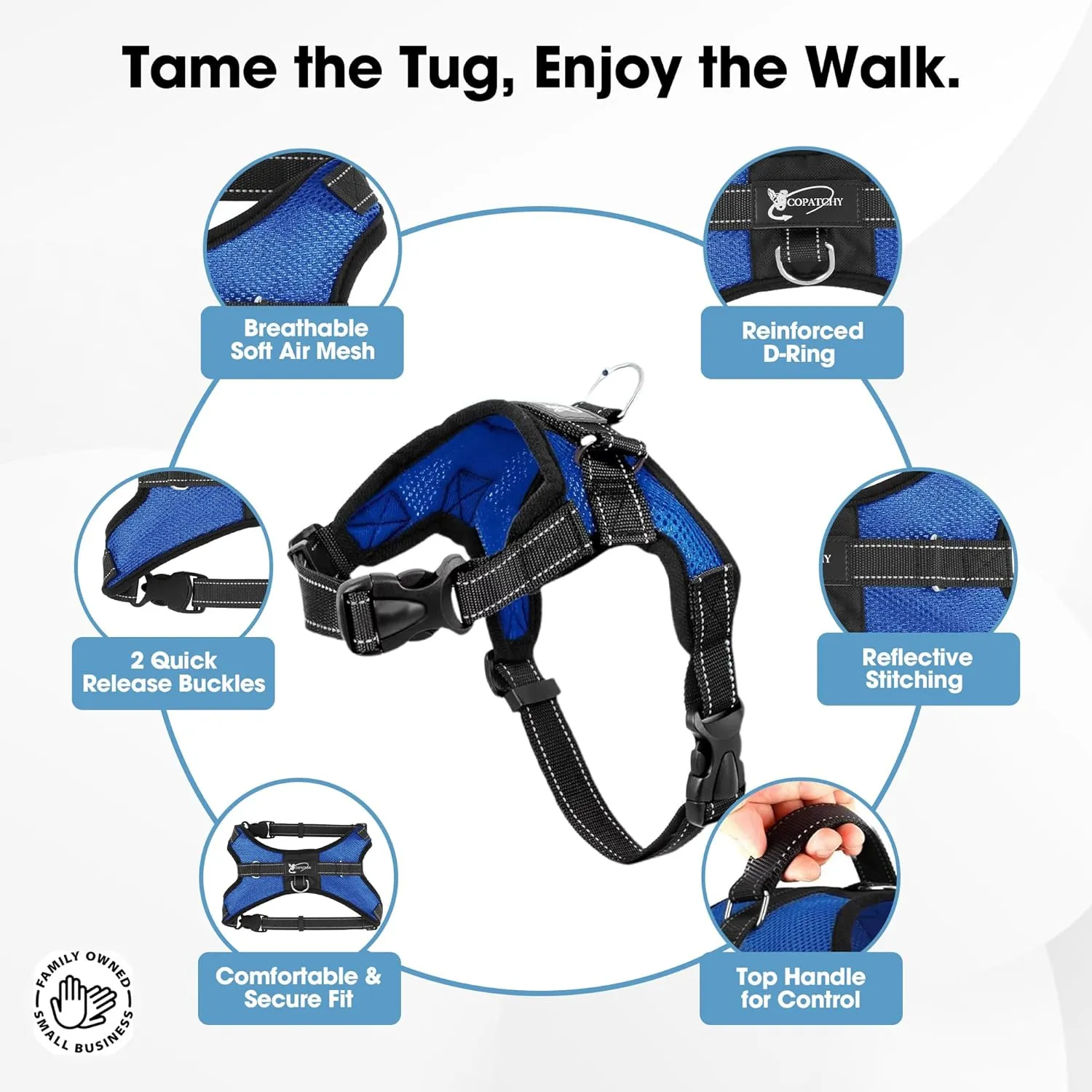 No Pull Reflective Adjustable Dog Harness With Handle- Comfortable Soft All Weather Mesh, Easy On Puppy Harness For Small Medium and Large Dogs (Blue) Small