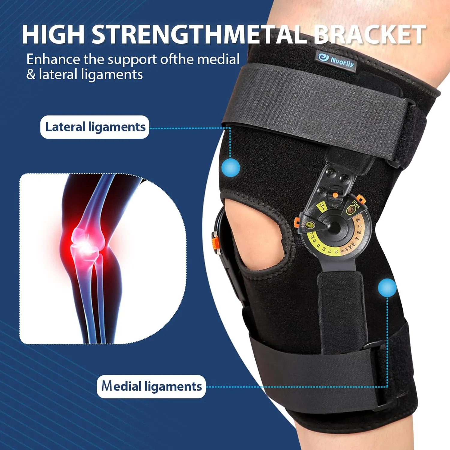 Nvorliy Hinged ROM Knee Brace with Side Stabilizers & Locking Dials, Post Op Knee Immobilizer for Arthritis, ACL, MCL, PCL, Meniscus Tear, Injurie/Knee Pain, Medical Orthopedic Support (Regular)
