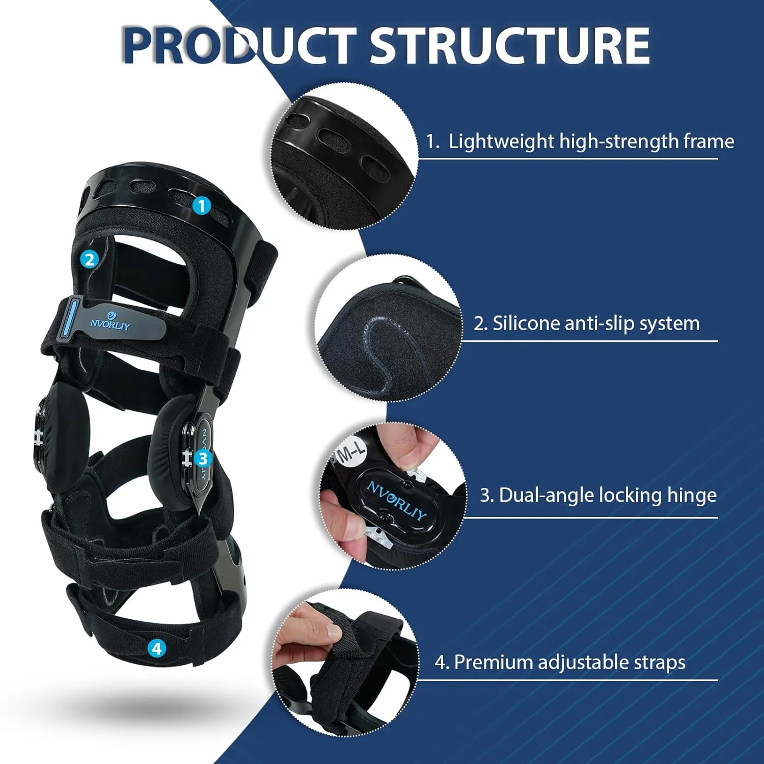 Nvorliy Orthopedic Knee Brace, Hinged ROM Knee Orthosis for ACL/MCL/PCL/Ligament Injuries, Arthritis(OA), Meniscus, Osteoarthritis - Fit Men & Women (Right, Large)