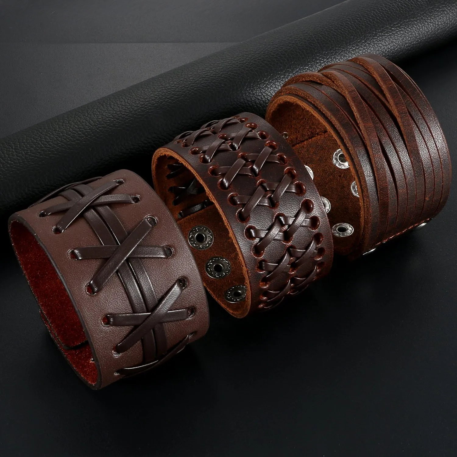 OIDEA Mens Bracelet Punk Multistrand Leather Braided Bangle Cuff Bracelet Set