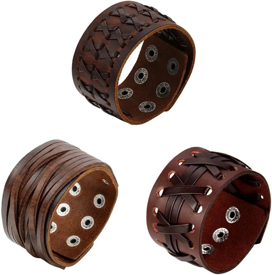 OIDEA Mens Bracelet Punk Multistrand Leather Braided Bangle Cuff Bracelet Set