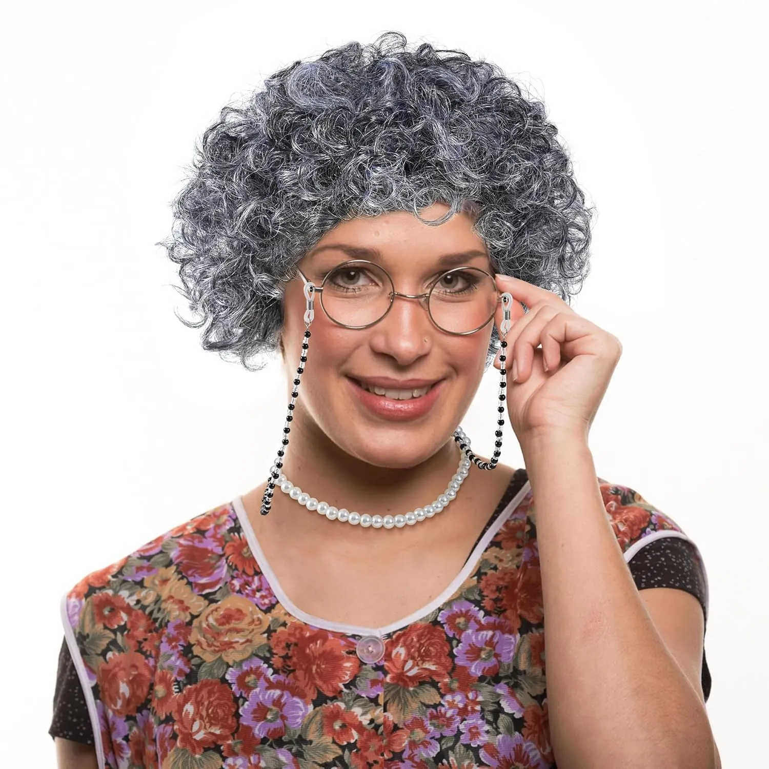 Old Lady Wig Costume Set,Gray Hair Grandma Wig,Granny Costume Wig with Wig Cap,Glasses, Glasses Chain and Pearl Necklace, 5 Piece Set.Perfect for 100 Days of School Costume