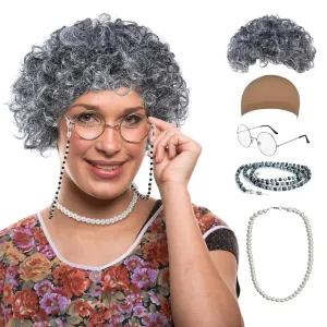 Old Lady Wig Costume Set,Gray Hair Grandma Wig,Granny Costume Wig with Wig Cap,Glasses, Glasses Chain and Pearl Necklace, 5 Piece Set.Perfect for 100 Days of School Costume