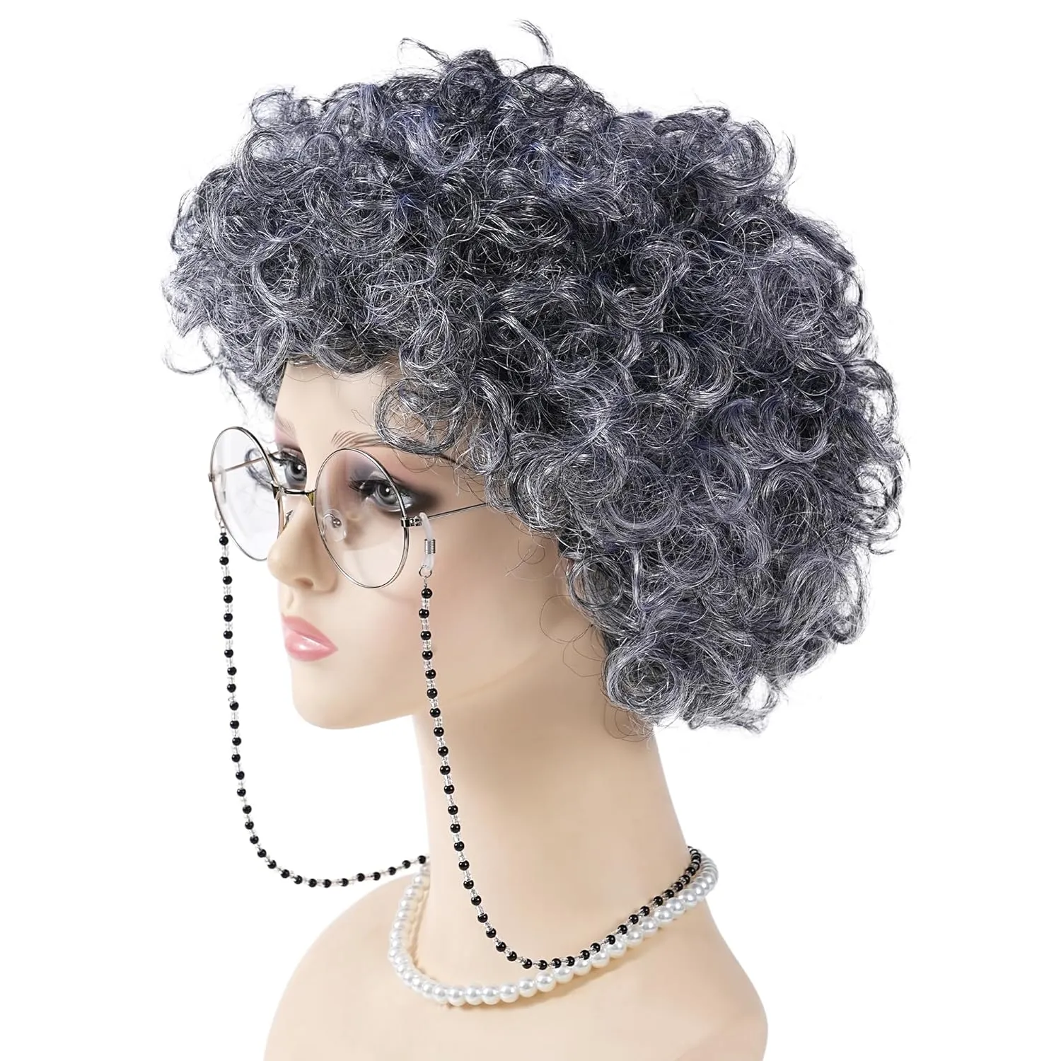 Old Lady Wig Costume Set,Gray Hair Grandma Wig,Granny Costume Wig with Wig Cap,Glasses, Glasses Chain and Pearl Necklace, 5 Piece Set.Perfect for 100 Days of School Costume