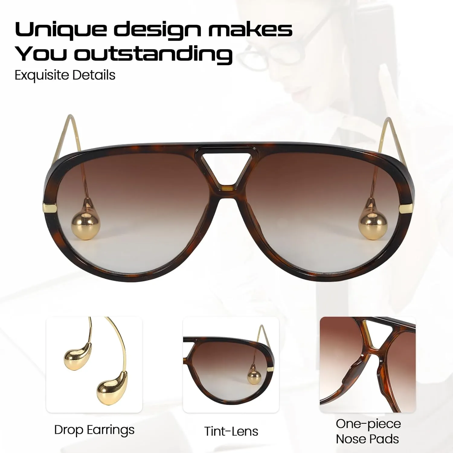 Oversized Aviator Sunglasses for Women With Earring Trendy Large Big Double Bridge 2025 Designer Ladies Shades