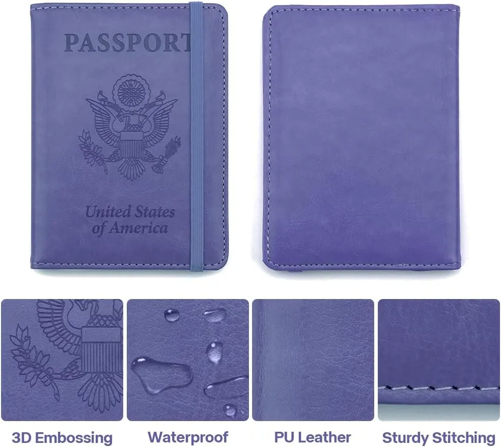 Passport Cover 2 Pack, Waterproof Leather Wallet - Dark Purple and Pink - Men, Women, Family Travel Essentials