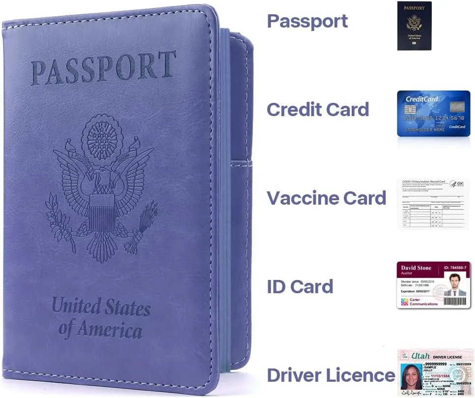 Passport Cover 2 Pack, Waterproof Leather Wallet - Dark Purple and Pink - Men, Women, Family Travel Essentials