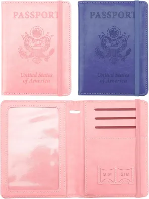 Passport Cover 2 Pack, Waterproof Leather Wallet - Dark Purple and Pink - Men, Women, Family Travel Essentials