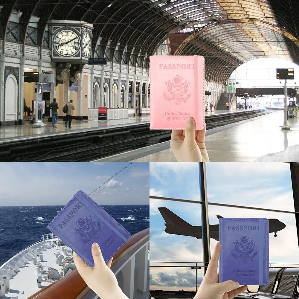Passport Cover 2 Pack, Waterproof Leather Wallet - Dark Purple and Pink - Men, Women, Family Travel Essentials