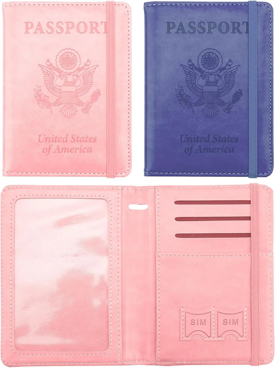 Passport Cover 2 Pack, Waterproof Leather Wallet - Dark Purple and Pink - Men, Women, Family Travel Essentials