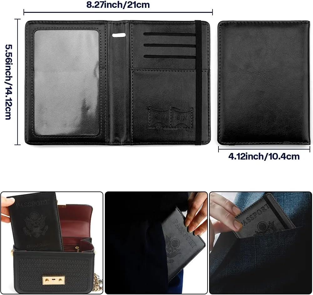 Passport Holder for Travel, Leather Passport Holder RFID Blocking Passport Cover Wallet Passport Case with Pen Holder Passport Holders for Travel Women Men Family Travels Must Haves Essentials, Black
