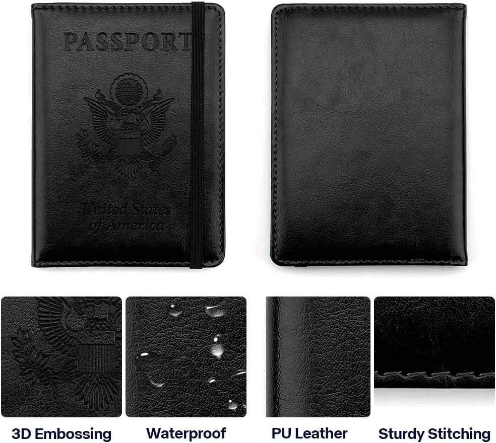 Passport Holder for Travel, Leather Passport Holder RFID Blocking Passport Cover Wallet Passport Case with Pen Holder Passport Holders for Travel Women Men Family Travels Must Haves Essentials, Black