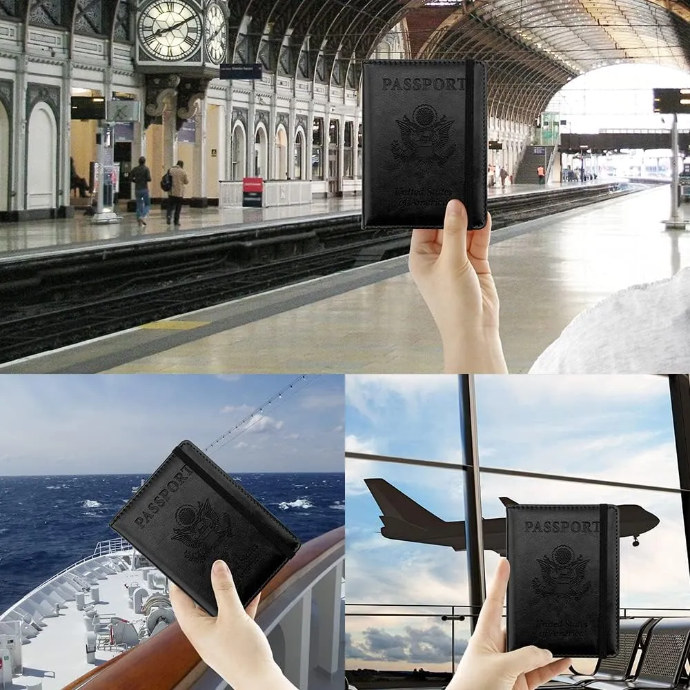 Passport Holder for Travel, Leather Passport Holder RFID Blocking Passport Cover Wallet Passport Case with Pen Holder Passport Holders for Travel Women Men Family Travels Must Haves Essentials, Black