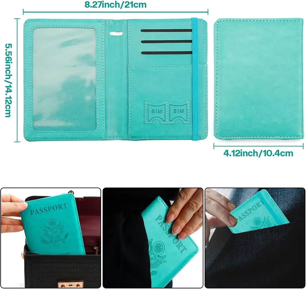 Passport Holder for Travel,Leather Passport Holder RFID Blocking Passport Cover Wallet Passport Case with Pen Holder Passport Holders for Travel Women Men Family Travels Must Haves Essential,Turquoise