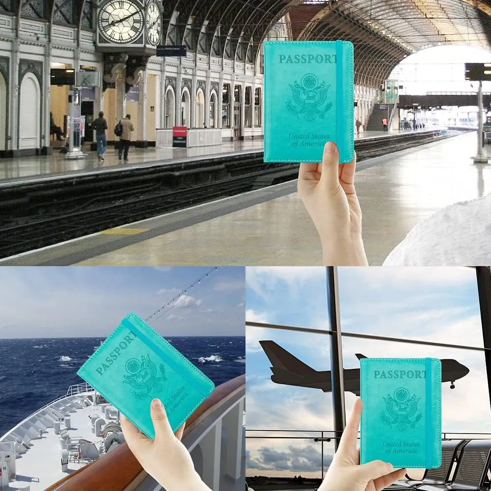 Passport Holder for Travel,Leather Passport Holder RFID Blocking Passport Cover Wallet Passport Case with Pen Holder Passport Holders for Travel Women Men Family Travels Must Haves Essential,Turquoise