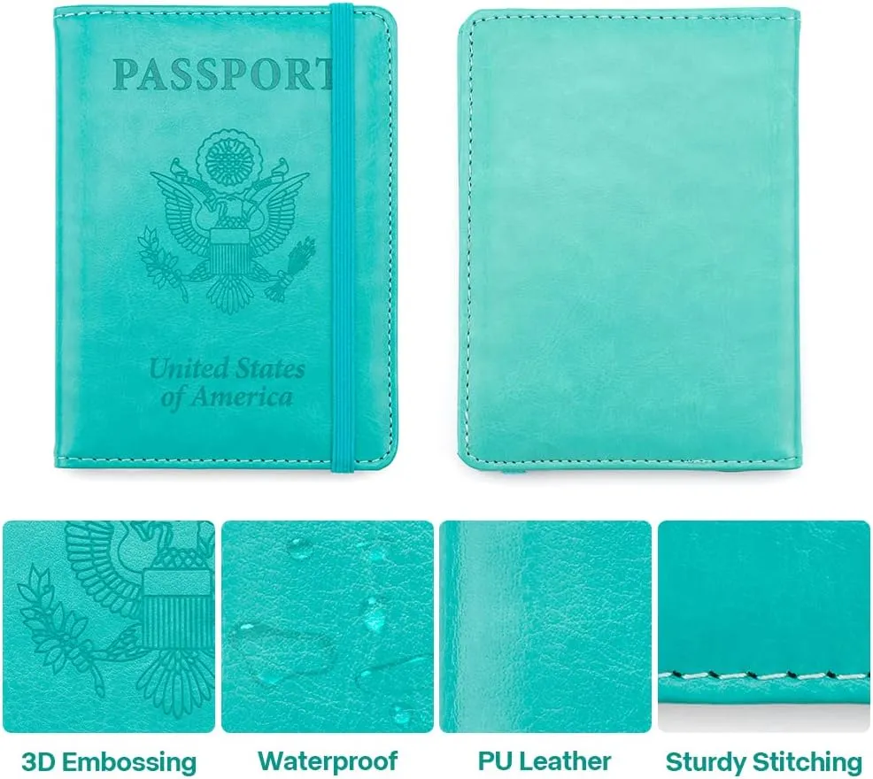 Passport Holder for Travel,Leather Passport Holder RFID Blocking Passport Cover Wallet Passport Case with Pen Holder Passport Holders for Travel Women Men Family Travels Must Haves Essential,Turquoise