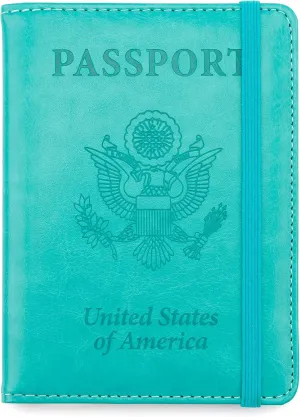 Passport Holder for Travel,Leather Passport Holder RFID Blocking Passport Cover Wallet Passport Case with Pen Holder Passport Holders for Travel Women Men Family Travels Must Haves Essential,Turquoise