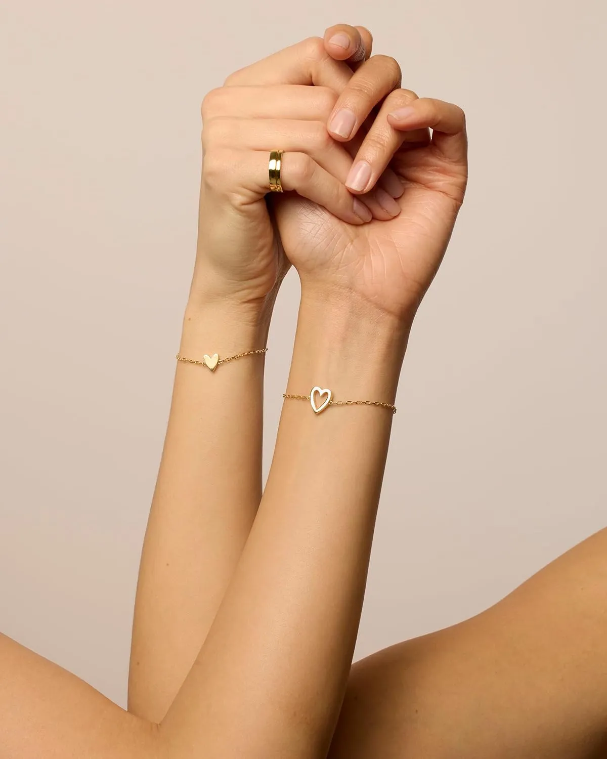 PAVOI 14K Gold Plated Matching Heart Charms Solitaire Bracelet Set for Women | Adjustable Love Friendship Two Bracelet Pack