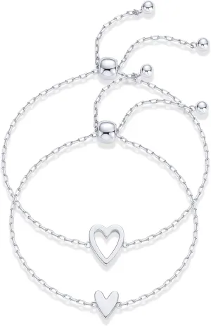 PAVOI 14K Gold Plated Matching Heart Charms Solitaire Bracelet Set for Women | Adjustable Love Friendship Two Bracelet Pack