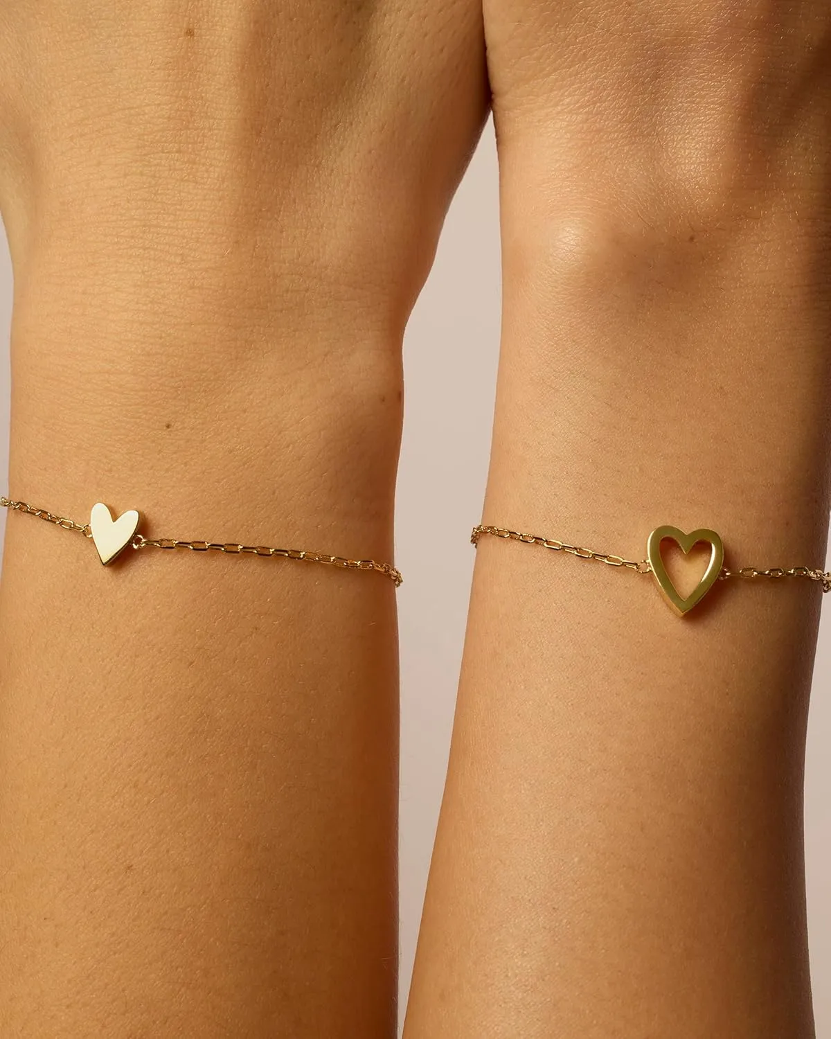 PAVOI 14K Gold Plated Matching Heart Charms Solitaire Bracelet Set for Women | Adjustable Love Friendship Two Bracelet Pack