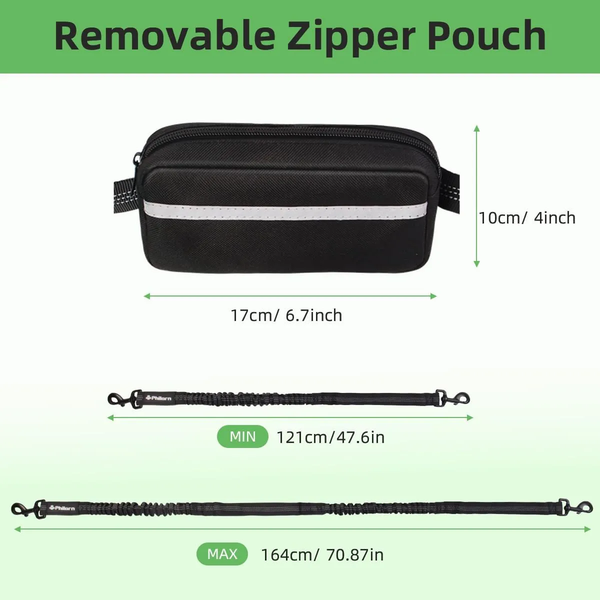 Philorn Hands Free Dog Leash with Pouch, Adjustable Waist for Walking, Running, Jogging, Hiking - Medium Large Dogs - Dual Handles and Durable Bungee