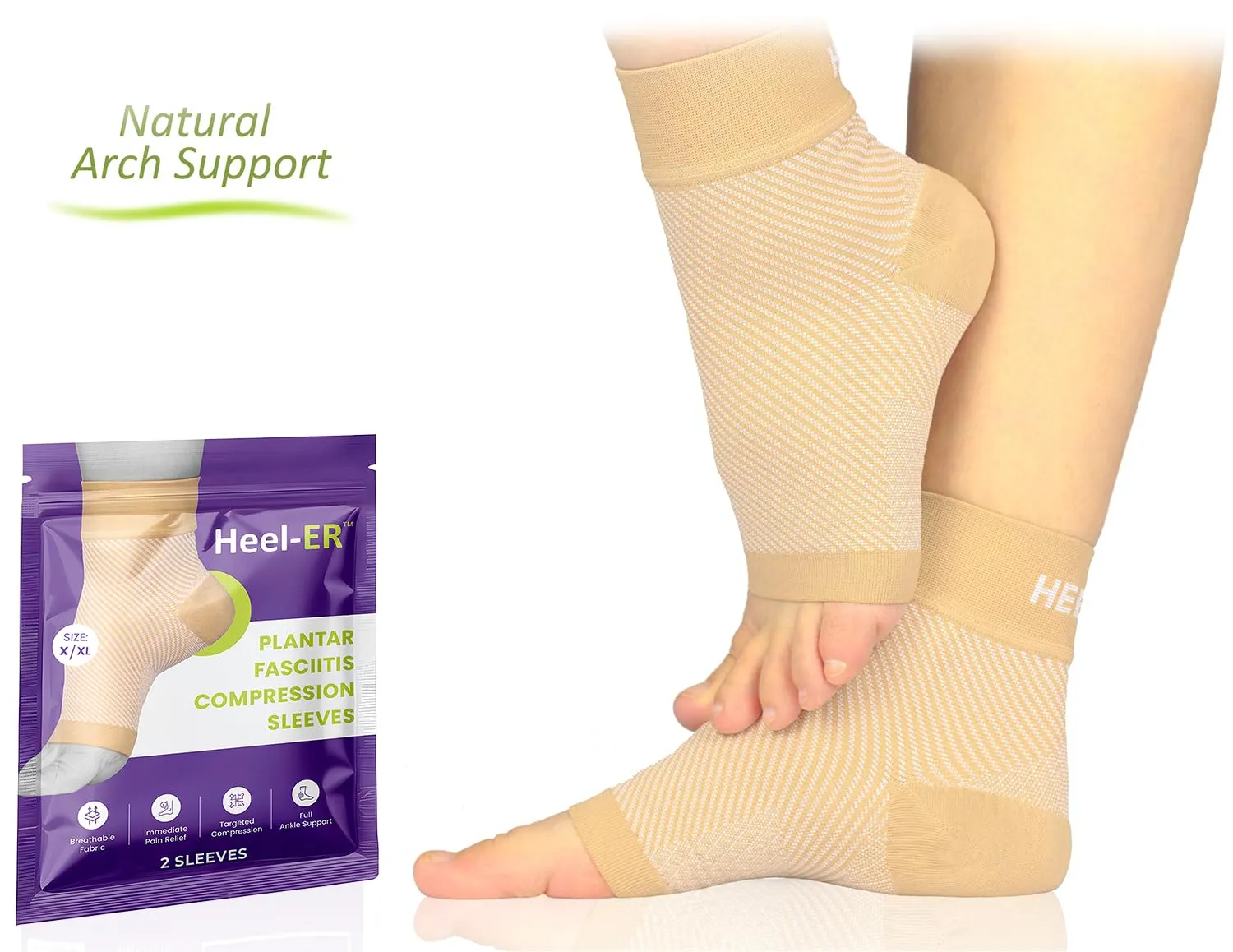 Plantar Fasciitis Compression Foot Sleeves - Socks with Arch & Ankle Support - Brace for Heel Pain Relief, Spur, Sore Feet for Men & Women (Beige, L/XL)
