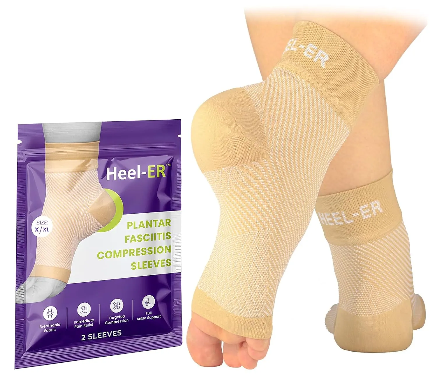 Plantar Fasciitis Compression Foot Sleeves - Socks with Arch & Ankle Support - Brace for Heel Pain Relief, Spur, Sore Feet for Men & Women (Beige, L/XL)