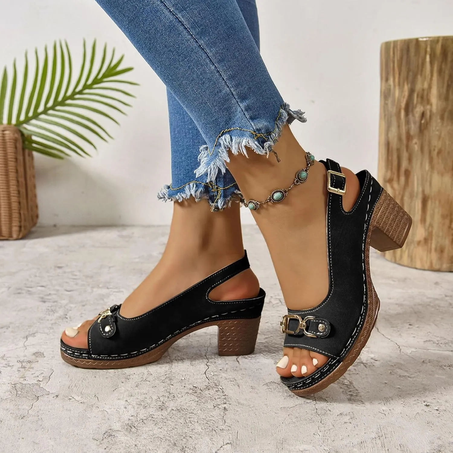 Platform Sandals Women Open Toe Chunky Heel Slingback Ankle Strap Adjustable Buckle Sandals Casual Slip-On Wedge Shoes Metal Decoration Leather Vamp Slingback Lightweight Walking Shoes