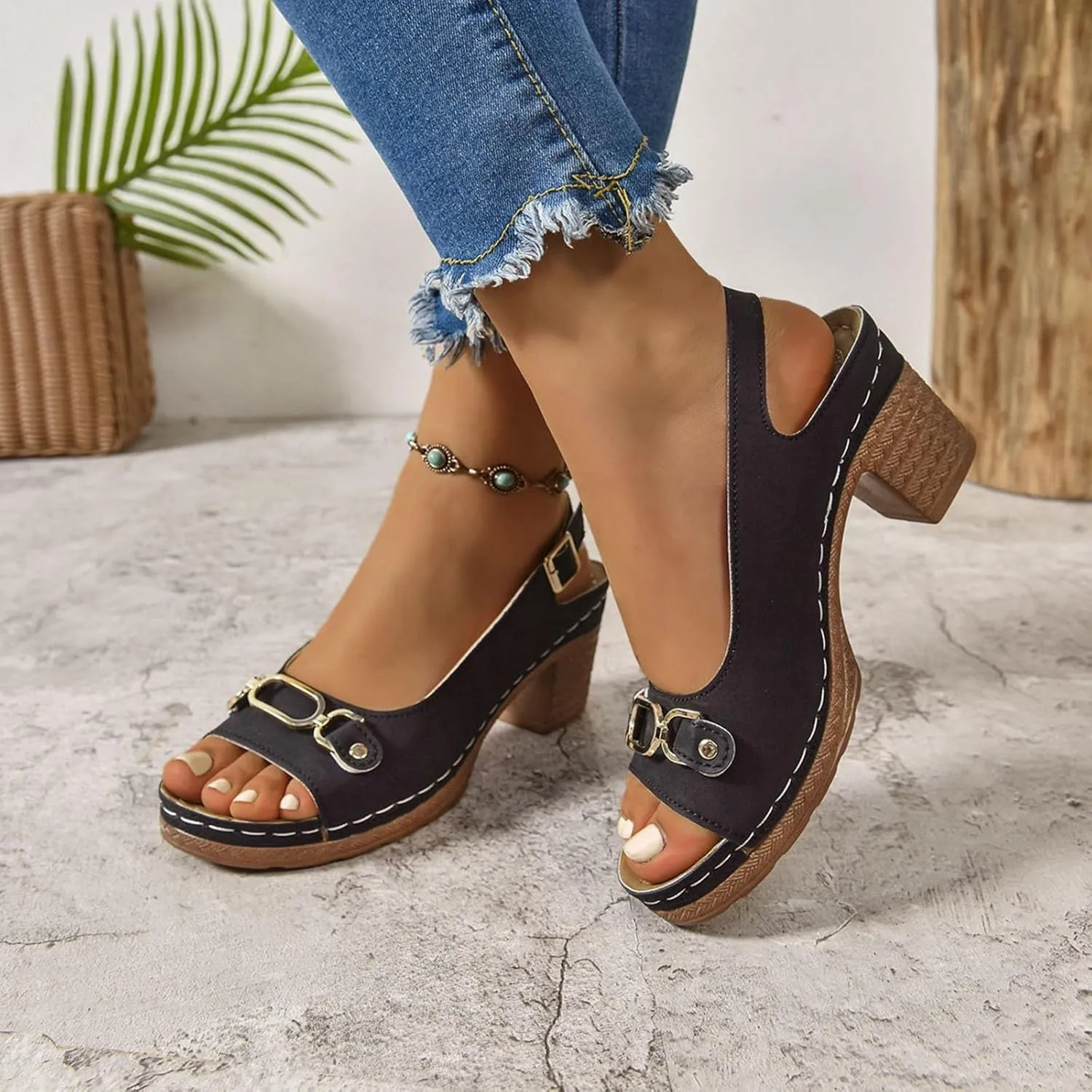 Platform Sandals Women Open Toe Chunky Heel Slingback Ankle Strap Adjustable Buckle Sandals Casual Slip-On Wedge Shoes Metal Decoration Leather Vamp Slingback Lightweight Walking Shoes