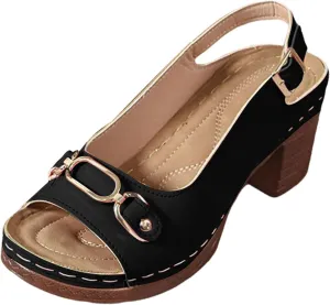 Platform Sandals Women Open Toe Chunky Heel Slingback Ankle Strap Adjustable Buckle Sandals Casual Slip-On Wedge Shoes Metal Decoration Leather Vamp Slingback Lightweight Walking Shoes