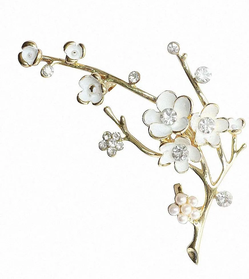 Plum Blossom Brooches Women White Enamel Flower Golden Ally Bouquet Brooch Pins Coat Jewelry