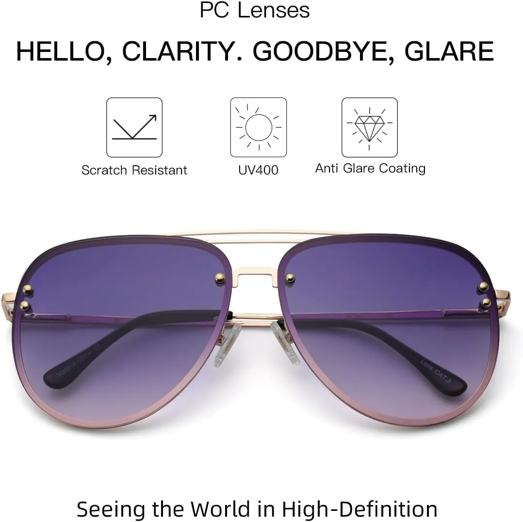 Premium Rimless Oversized Aviator Sunglasses for Women, Polarized PC Lens UV Protection Women’s Shade VF2203