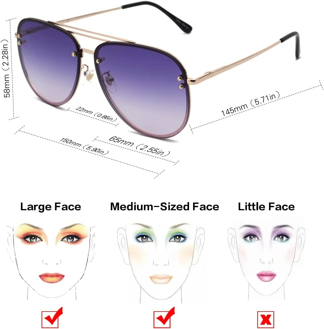 Premium Rimless Oversized Aviator Sunglasses for Women, Polarized PC Lens UV Protection Women’s Shade VF2203