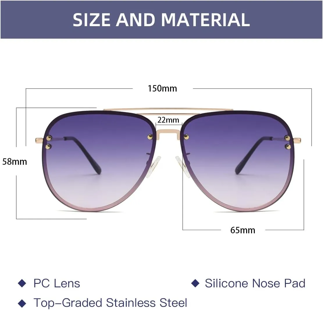 Premium Rimless Oversized Aviator Sunglasses for Women, Polarized PC Lens UV Protection Women’s Shade VF2203