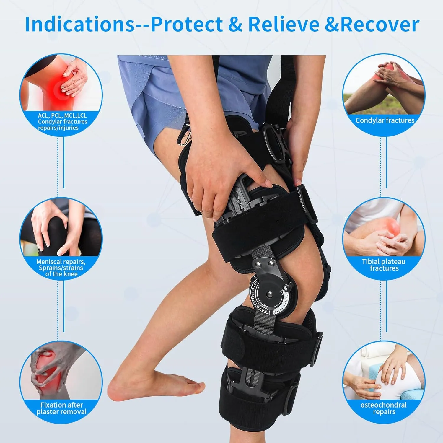 ROM Knee Brace with Shoulder Strap - Hinged Post OP Knee Brace Immobilizer Leg Braces Orthopedic Patella Knee Support Orthosis for ACL, PCL, MCL Injury, Meniscus Tear, Adjustable for Left and Right Leg