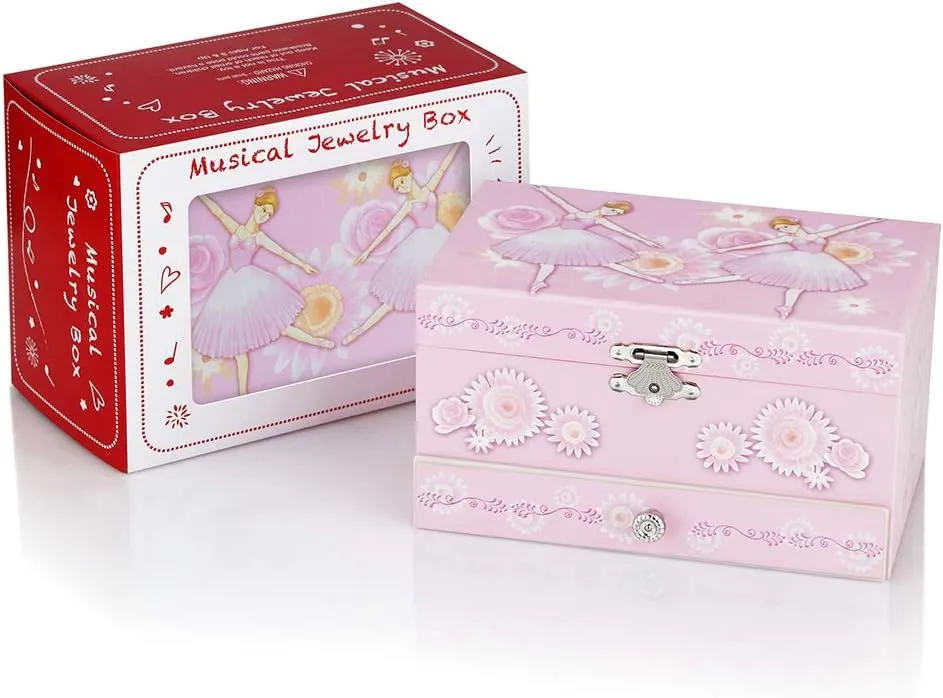 RR ROUND RICH DESIGN Kids Musical Jewelry Box for Girls with Drawer and Jewelry Set with Ballerina Theme - Swan Lake Tune Pink
