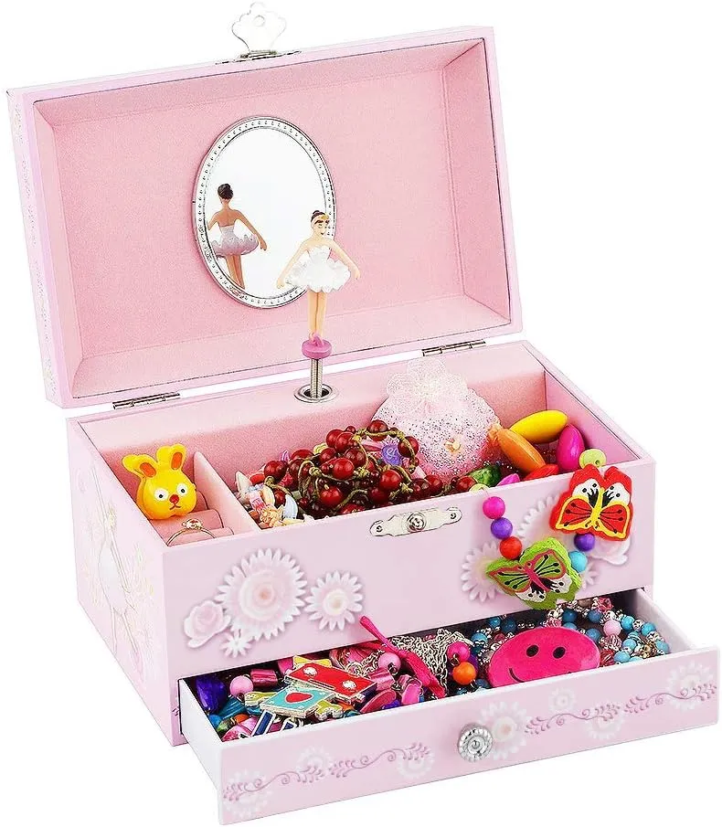 RR ROUND RICH DESIGN Kids Musical Jewelry Box for Girls with Drawer and Jewelry Set with Ballerina Theme - Swan Lake Tune Pink