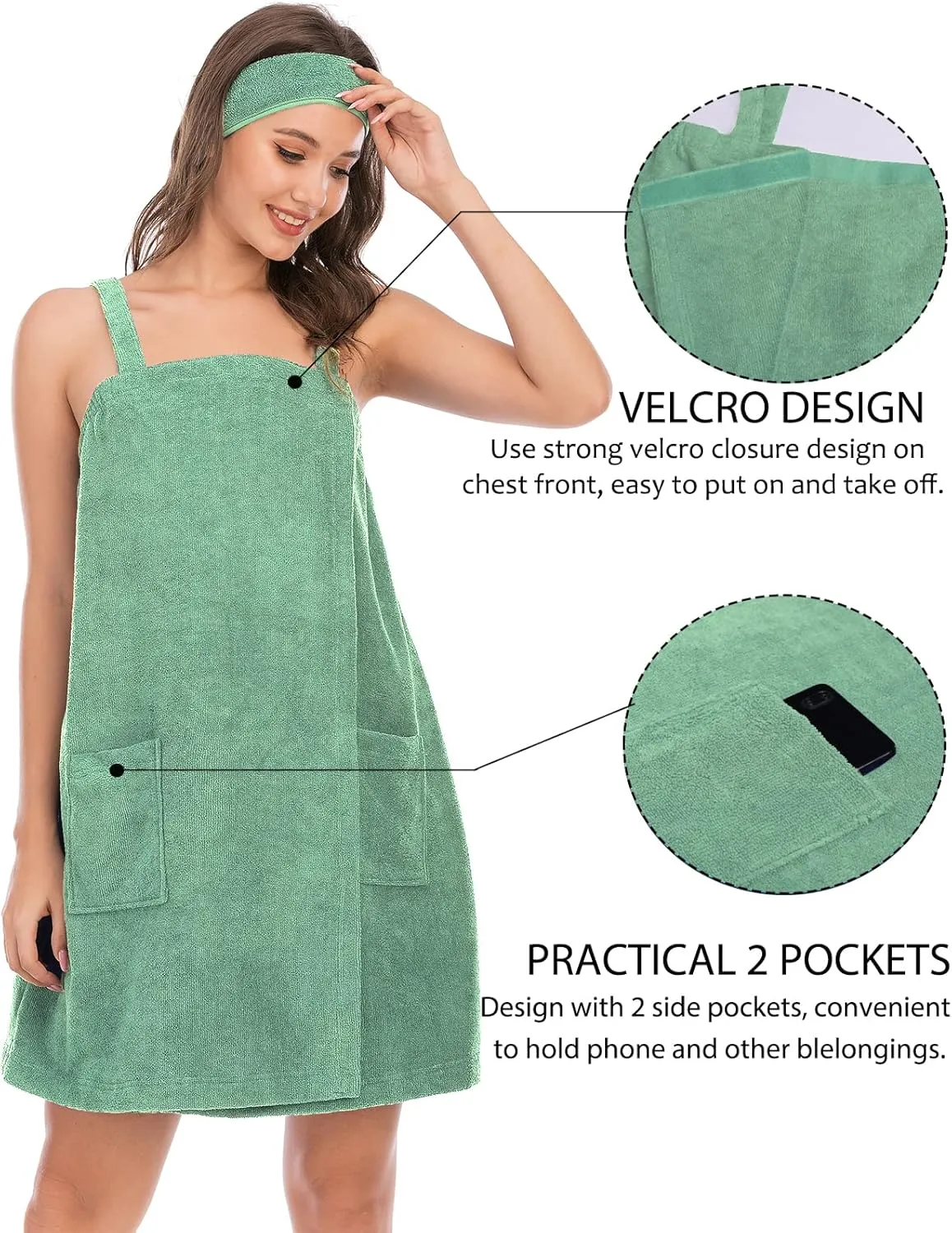 Rubehoow Robe Women's Towel Wrap Bathrobe with Adjustable Velcro Closure with Pockets & Facial Hairband