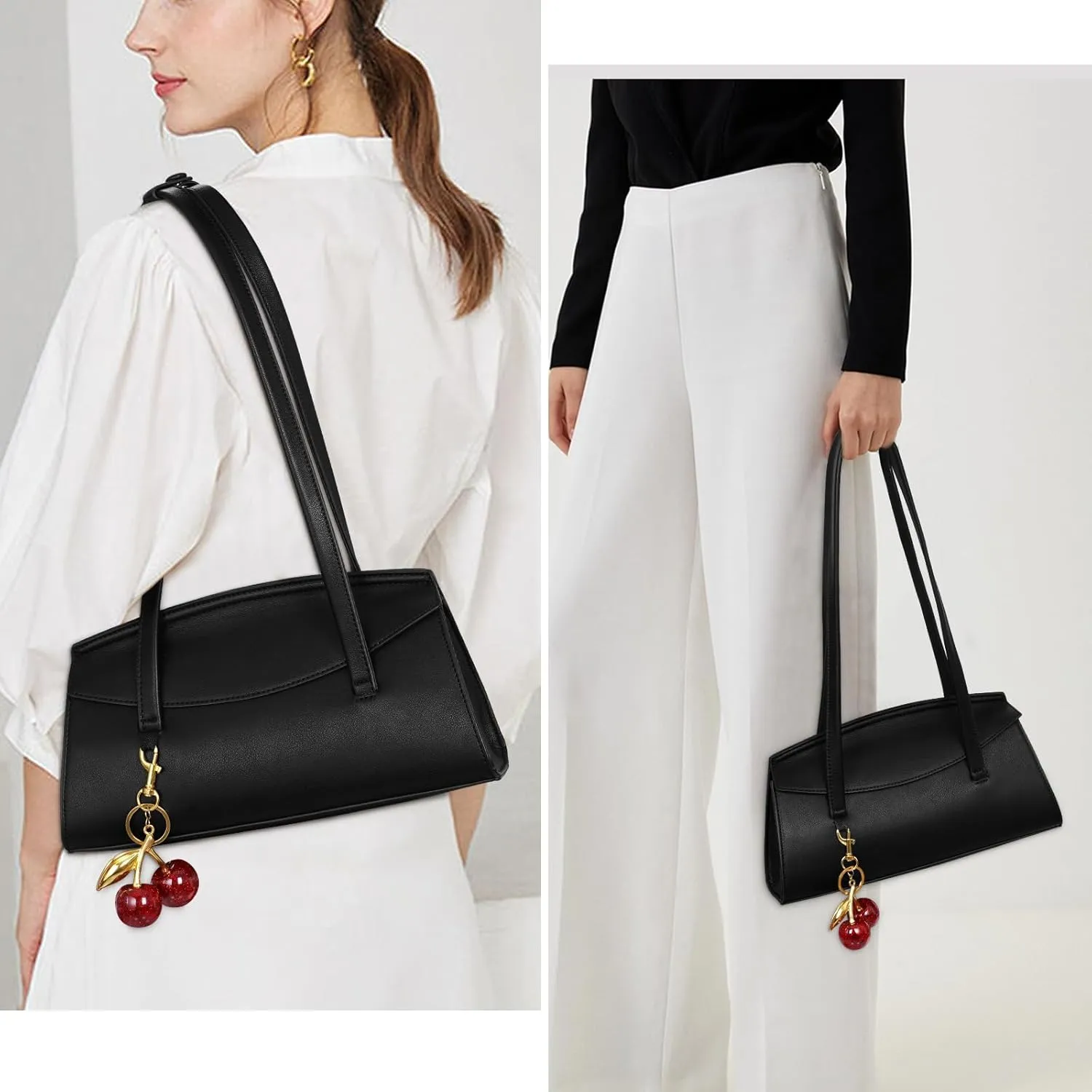 Shoulder Bag Black Purse for Women Cherry Bag Vegan Leather Hobo Handbag Brown Flap Shoulder Purse with Cherry Charm