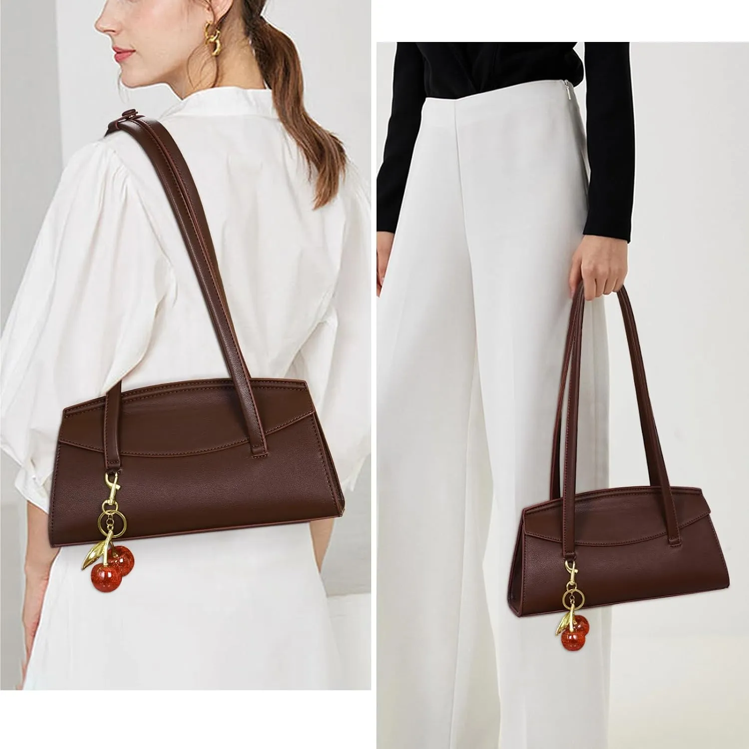 Shoulder Bag Black Purse for Women Cherry Bag Vegan Leather Hobo Handbag Brown Flap Shoulder Purse with Cherry Charm