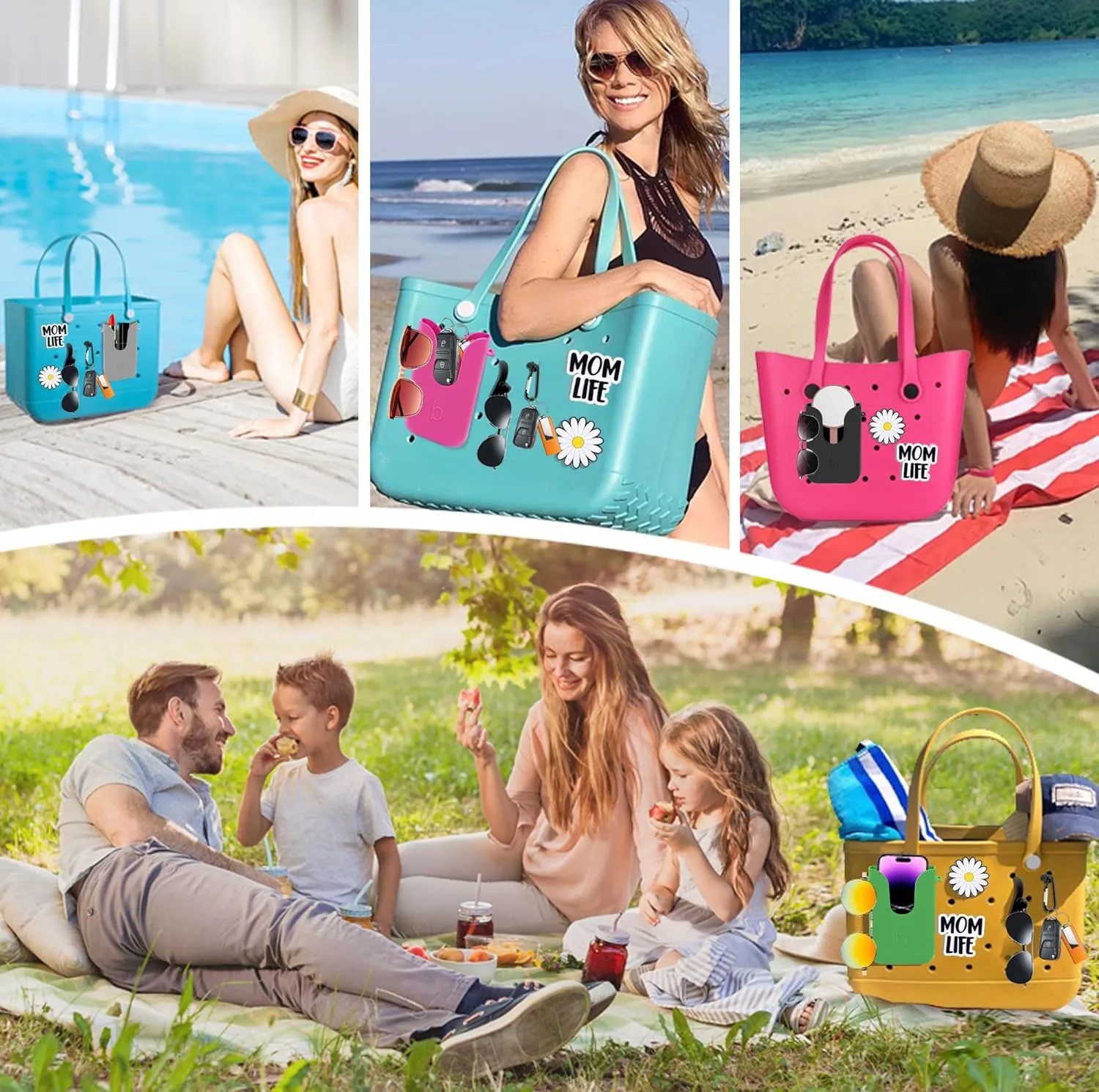 Silicone Phone Holder Compatible with Bogg Bag, Phone Case Holder Charms Accessory for All Bogg Bags and Beach Bag, Phone Holder Attachment for Beach Tote Bags, With 2Pcs Charms & 2Pcs Key Hooks