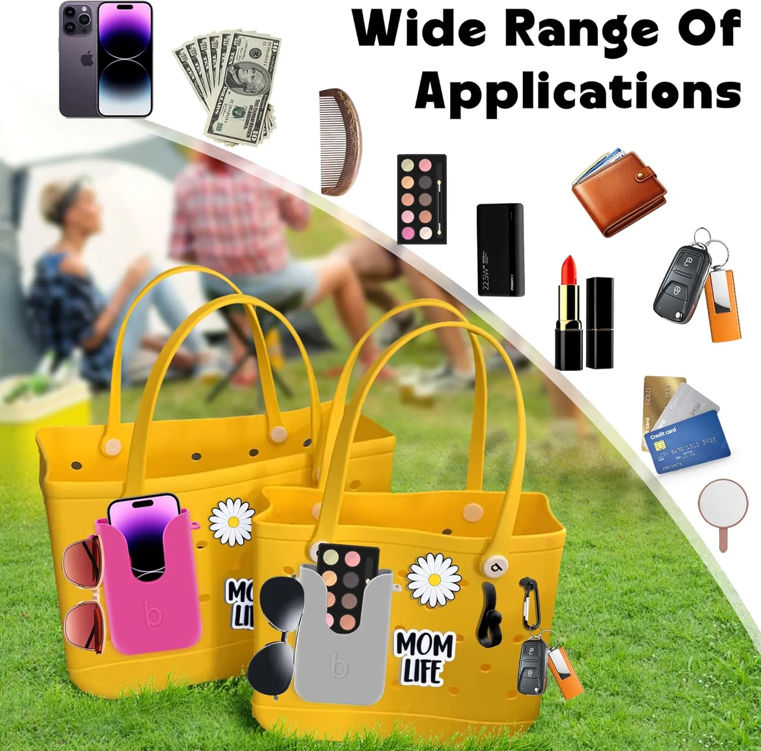 Silicone Phone Holder Compatible with Bogg Bag, Phone Case Holder Charms Accessory for All Bogg Bags and Beach Bag, Phone Holder Attachment for Beach Tote Bags, With 2Pcs Charms & 2Pcs Key Hooks