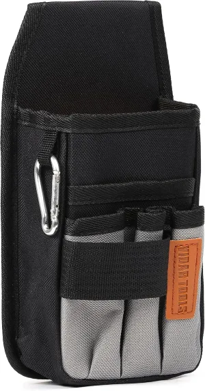 Small Tool Pouch with Belt Clip,Tool Belt Pouches,Electrician Tool Pouch.Mini Organizer Pocket Attachment for Tool Belt,5 Pockets and Heavy-Duty Metal Belt Clip Attachment.