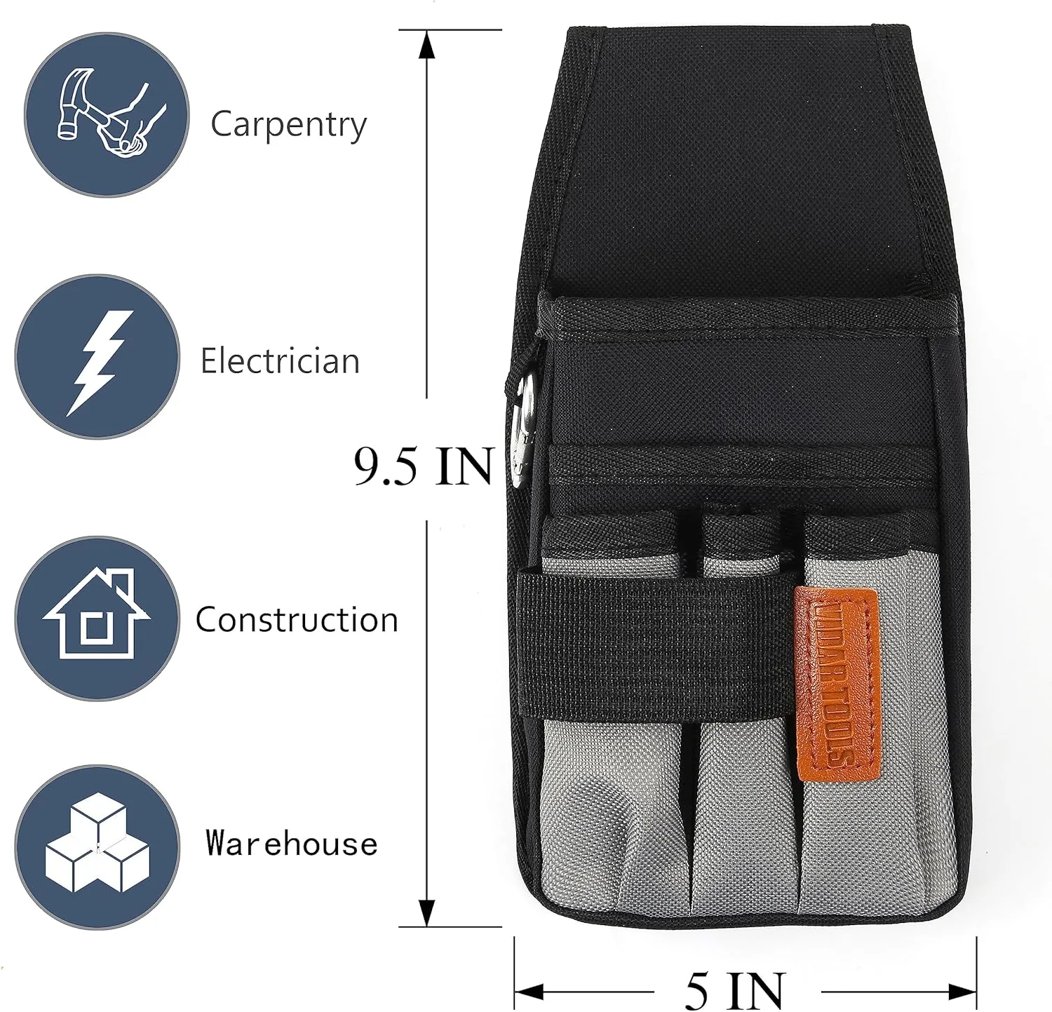 Small Tool Pouch with Belt Clip,Tool Belt Pouches,Electrician Tool Pouch.Mini Organizer Pocket Attachment for Tool Belt,5 Pockets and Heavy-Duty Metal Belt Clip Attachment.
