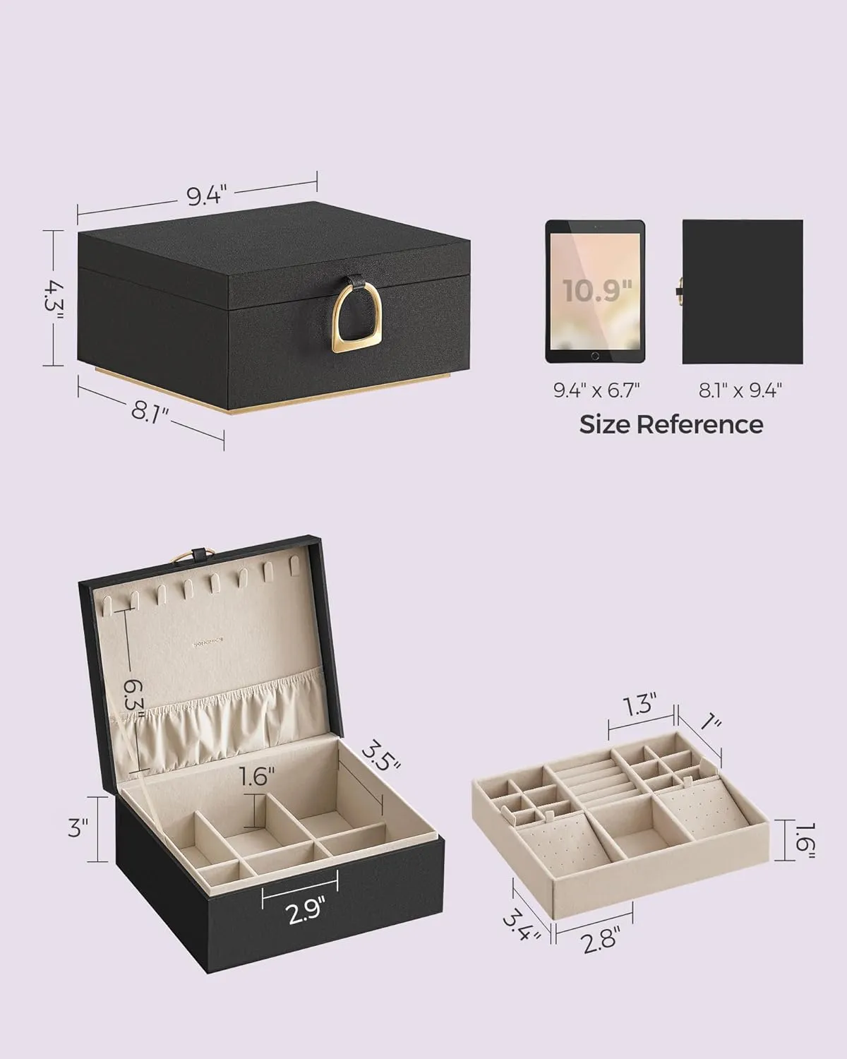SONGMICS 2-Layer Jewelry Box, Jewelry Organizer with Handle, Removable Jewelry Tray, Jewelry Storage, Floating Effect, 8.1 x 9.4 x 4.3 Inches, Gift Idea, Black UJBC165B01