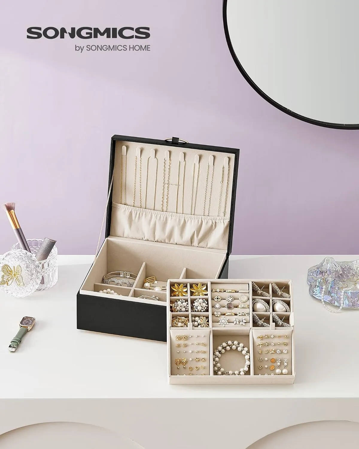SONGMICS 2-Layer Jewelry Box, Jewelry Organizer with Handle, Removable Jewelry Tray, Jewelry Storage, Floating Effect, 8.1 x 9.4 x 4.3 Inches, Gift Idea, Black UJBC165B01