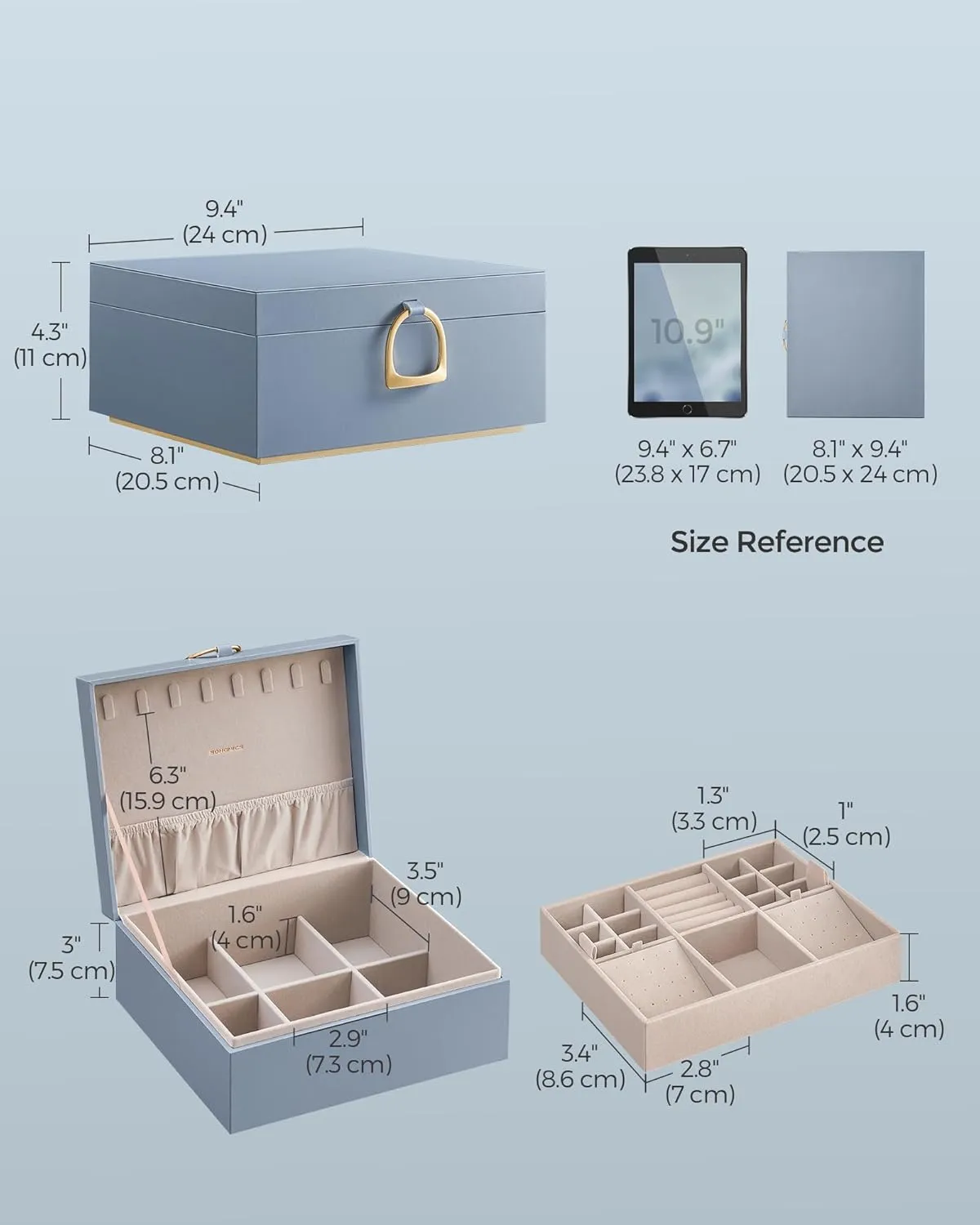 SONGMICS 2-Layer Jewelry Box, Jewelry Organizer with Handle, Removable Jewelry Tray, Jewelry Storage, Floating Effect, 8.1 x 9.4 x 4.3 Inches, Gift Idea, Misty Blue UJBC165Q01
